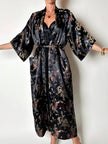 Langer Vintage-Kimono-Bademantel aus schwarzem Jacquard-Satin mit Drachen- und Blumenmotiven