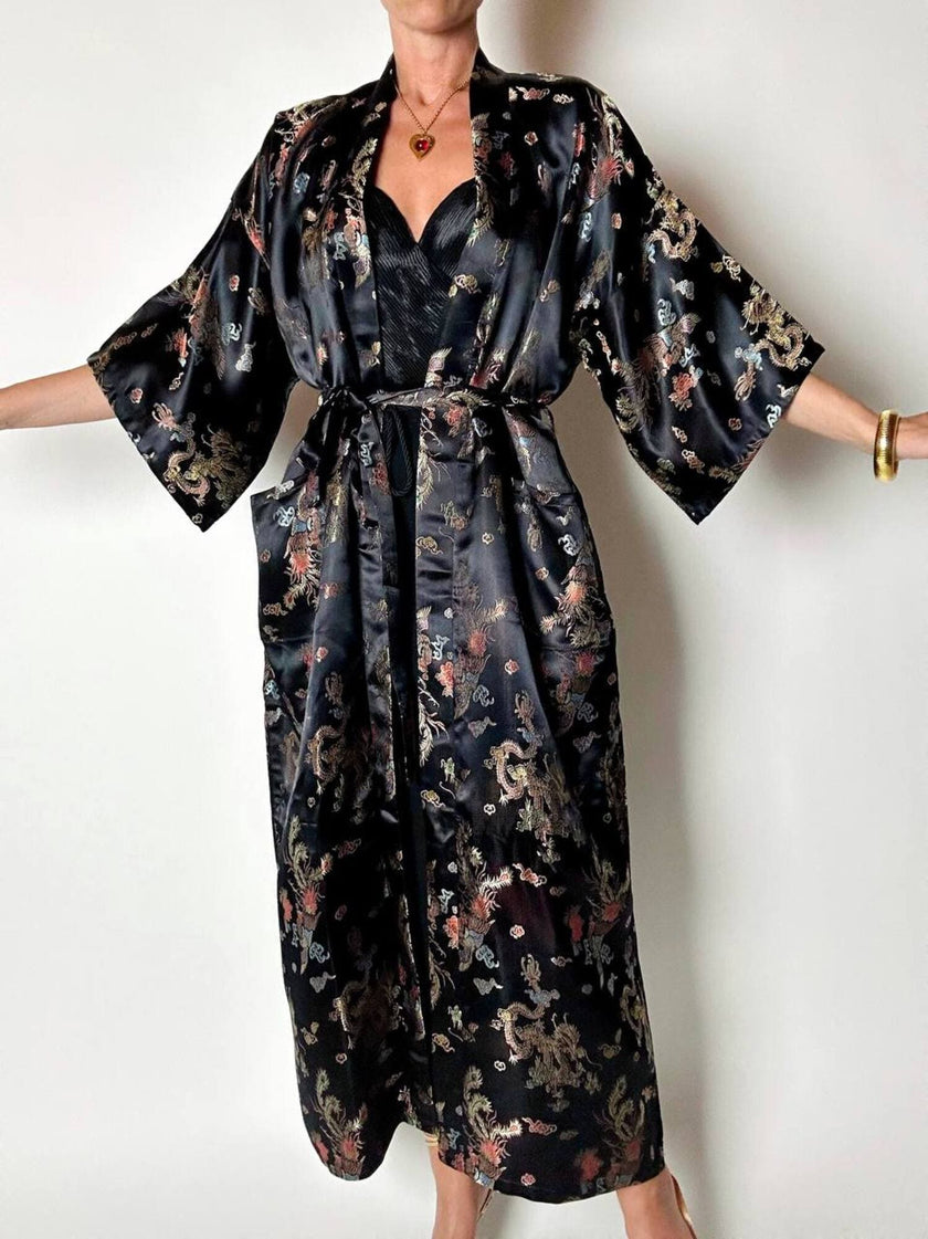 Langer Vintage-Kimono-Bademantel aus schwarzem Jacquard-Satin mit Drachen- und Blumenmotiven