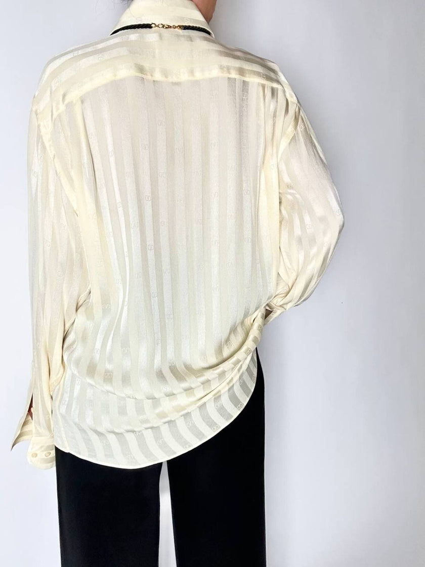 Chemise vintage en soie Valentino Garavani ivoire à rayures avec logos all-over