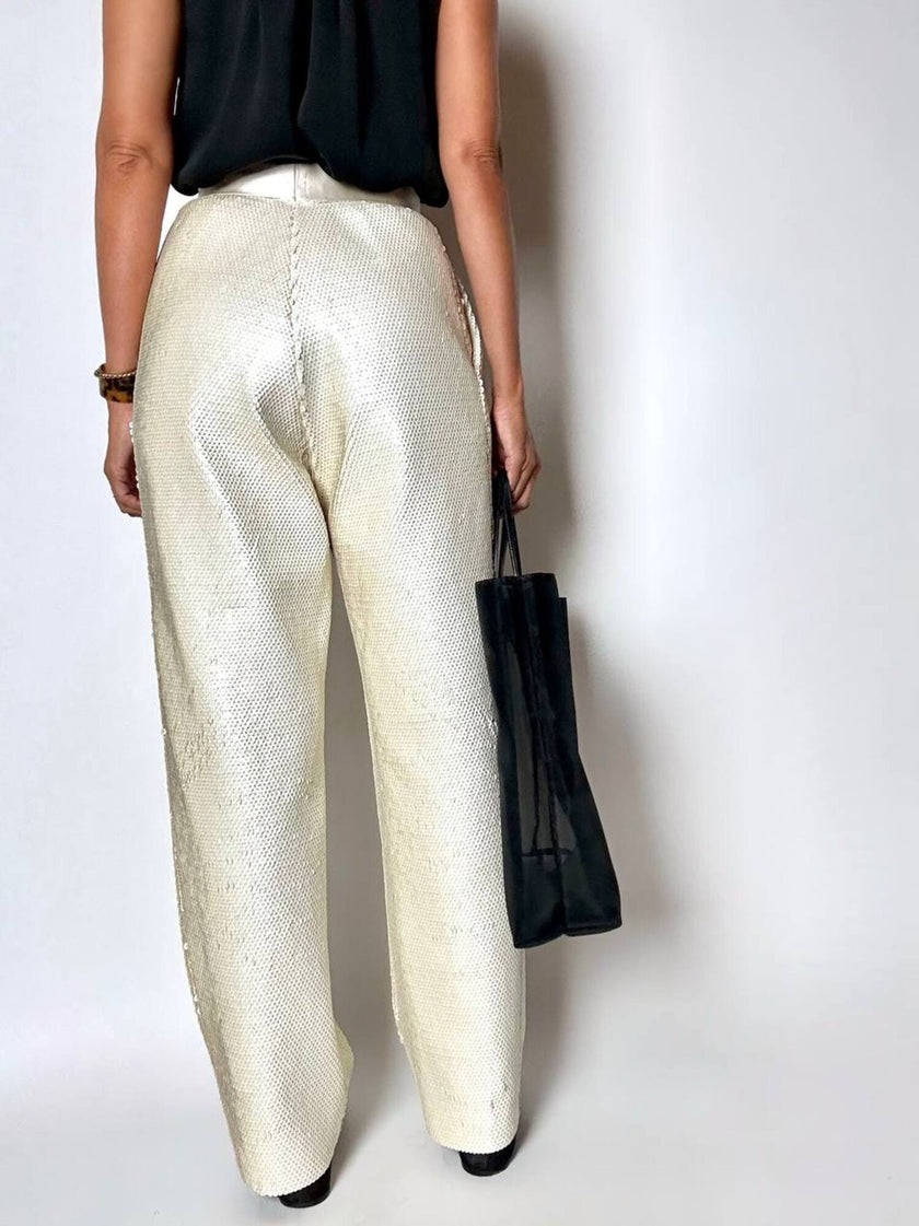 Vintage cream sequin-embroidered palazzo pants