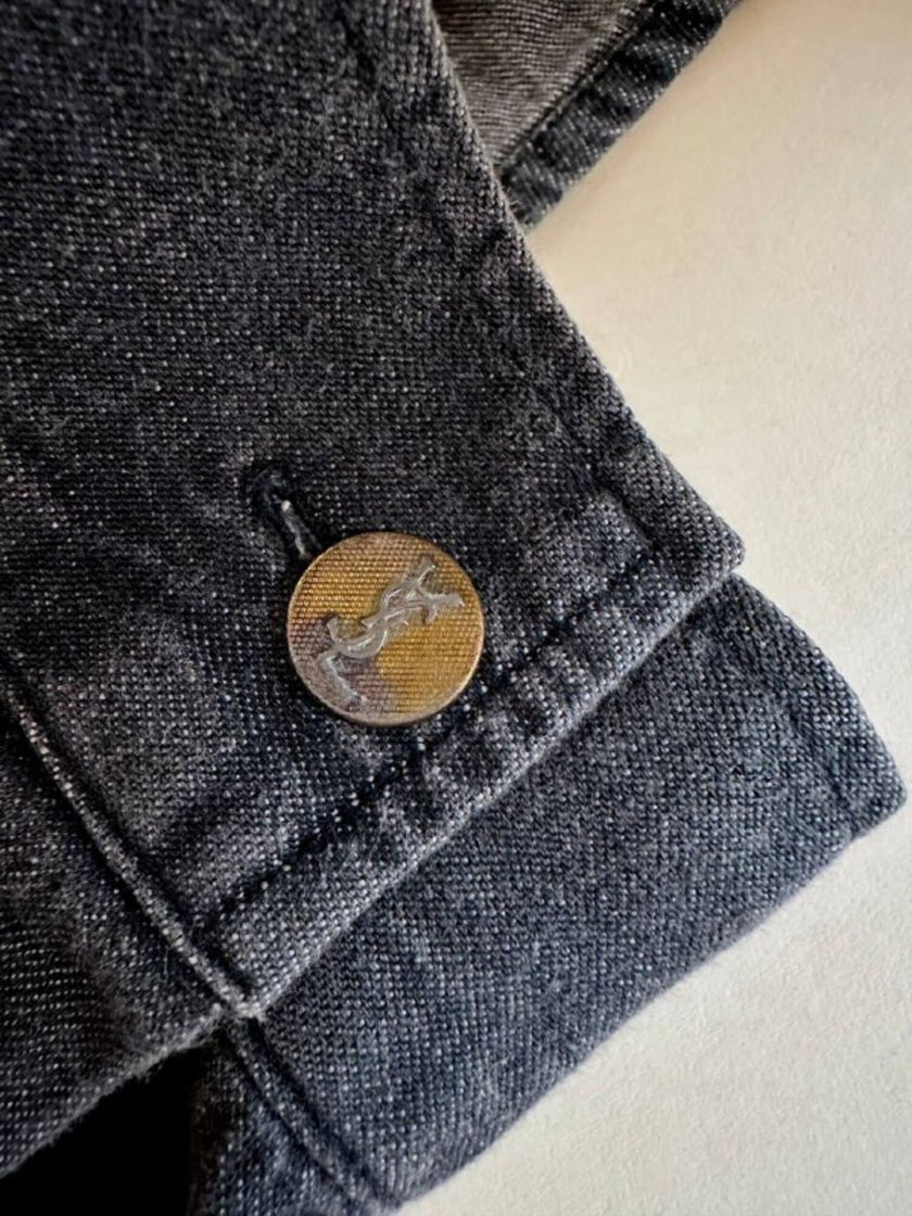 Blusa Yves Saint Laurent oversize in denim grigio con zip e logo ricamato