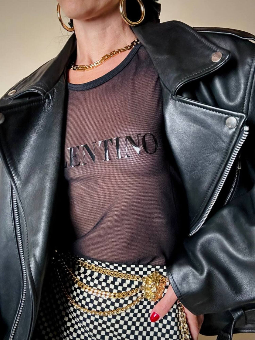 T-shirt in rete nera elasticizzata “Valentino Garavani Swimwear”