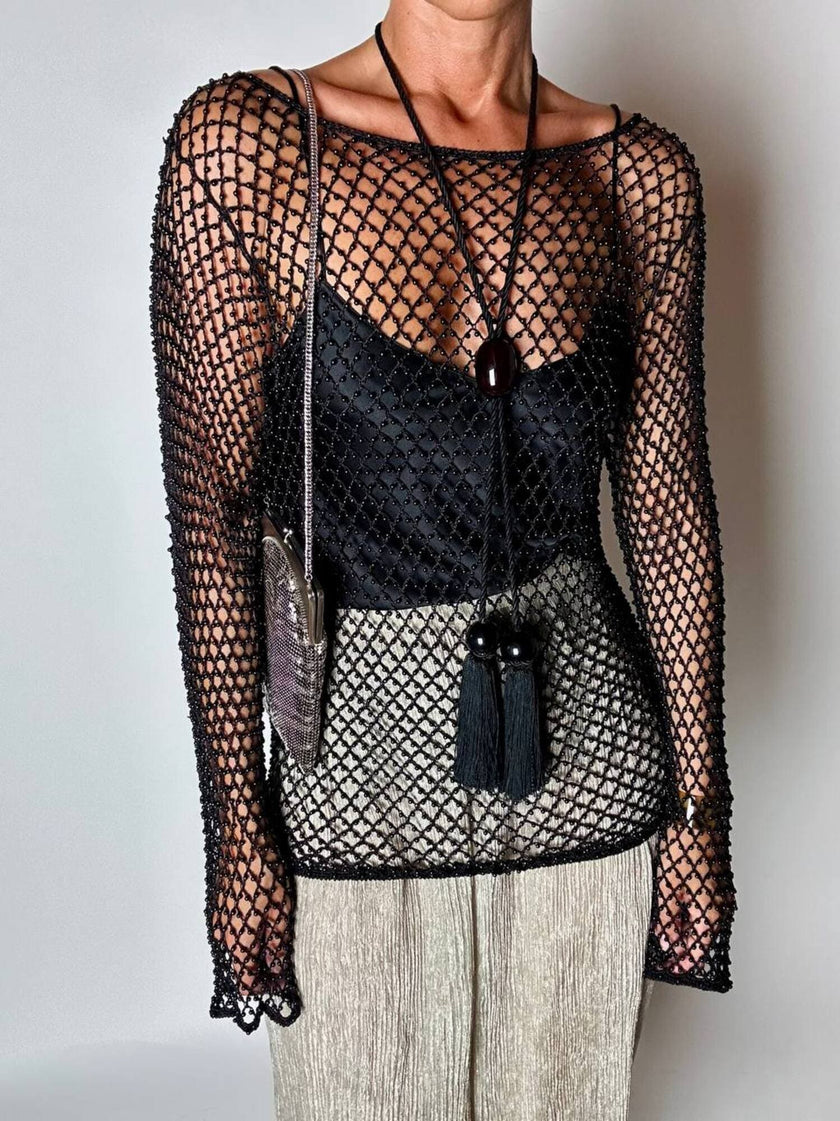 Maglia gioiello vintage List in rete operata con microperline nere