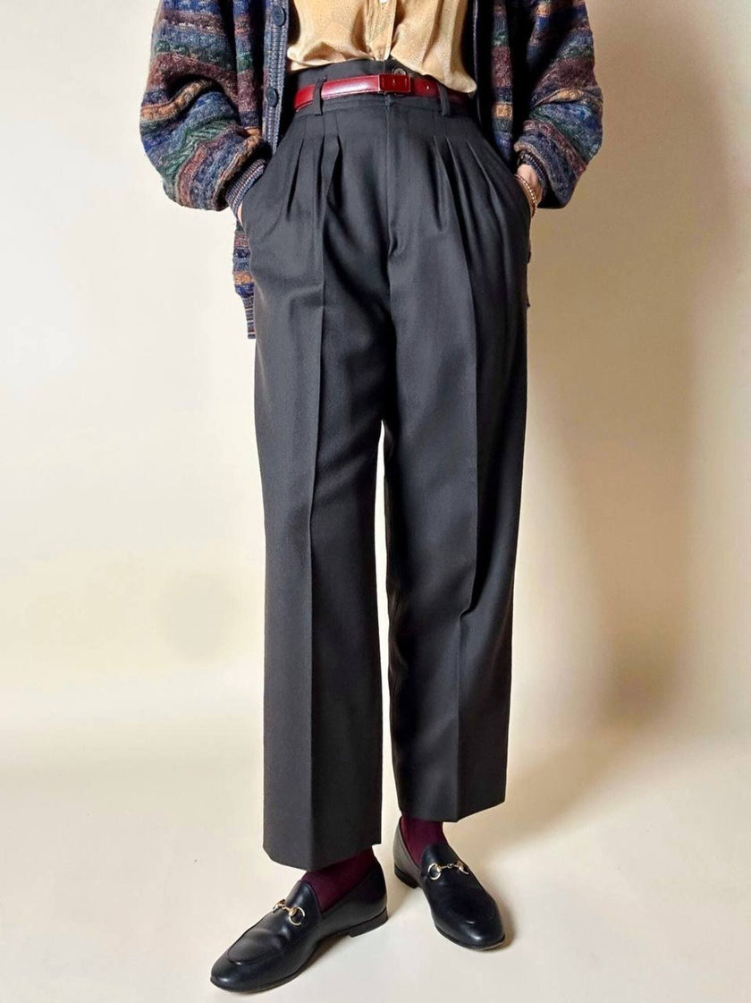Pantalone Yves Saint Laurent a vita alta con pince alla francese in lana verde cacciatore