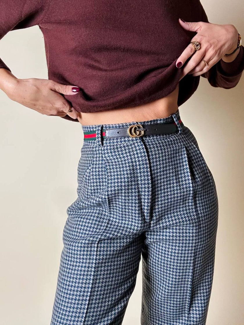 Pantalone a vita alta in lana pied de poule grigio e ottanio Basile
