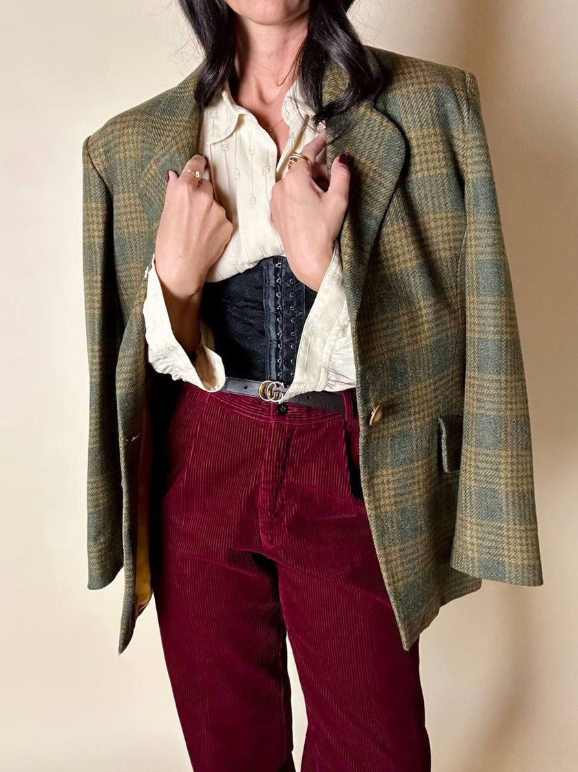 Blazer Yves Saint Laurent de lana con estampado de Príncipe de Gales verde y ocre