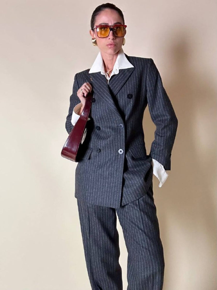 Tailleur gessato giacca/pantalone in lana grigio antracite “Antonio Fusco”