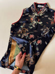 Qipao top in raso jacquard nero fantasia cinese