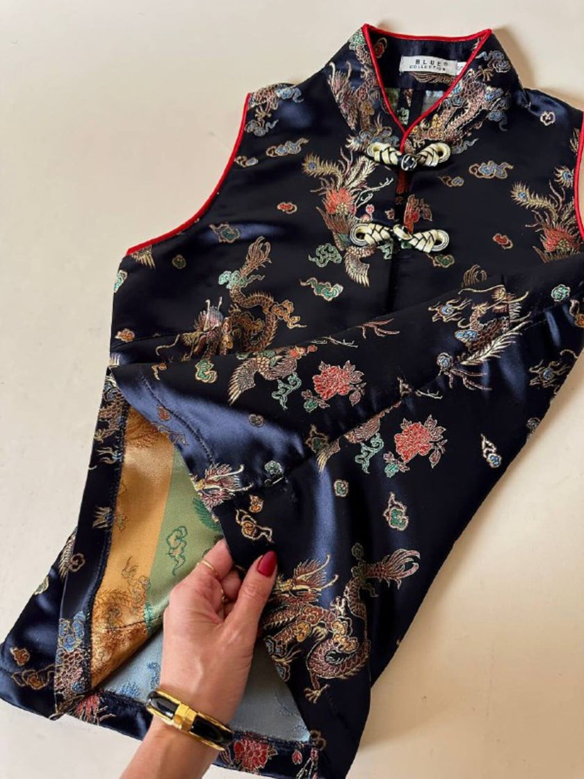 Qipao top in raso jacquard nero fantasia cinese