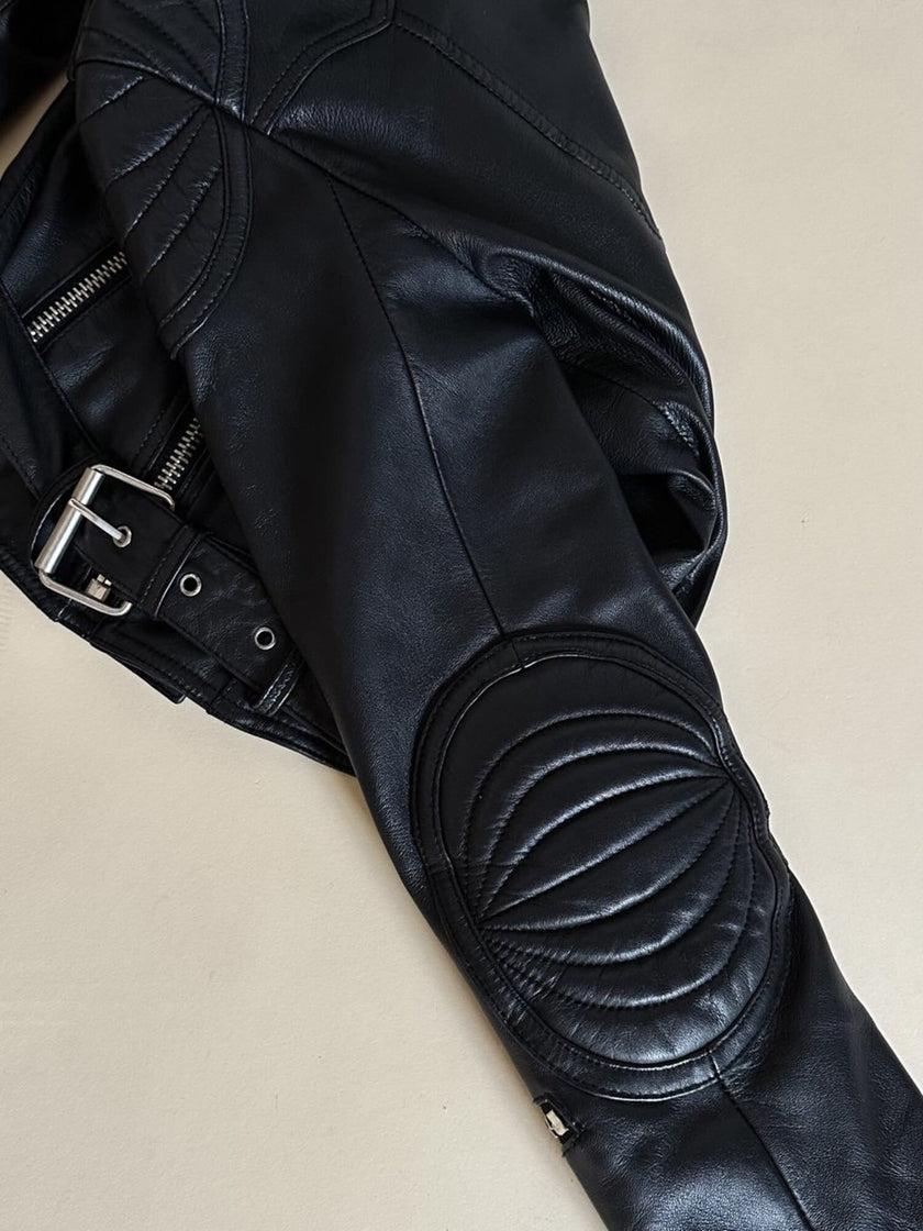 Giacca Biker vintage in pelle nera Brooklyn Bridge Factory