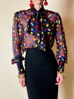 Camicia con fiocco in chiffon di seta nero a pois multicolor “D&G”