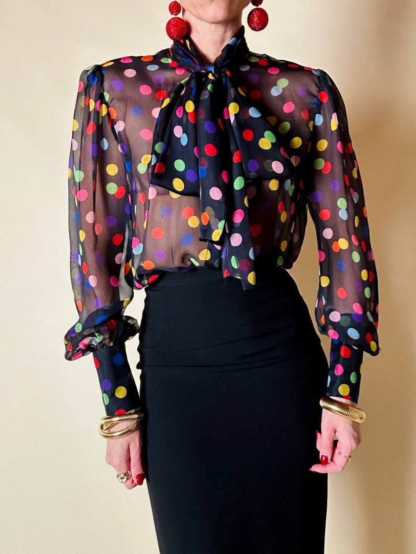 Camicia con fiocco in chiffon di seta nero a pois multicolor “D&G”
