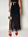 Gonna a tubino vintage Ivoire De Laurence Paris in jersey nero con frange lunghe