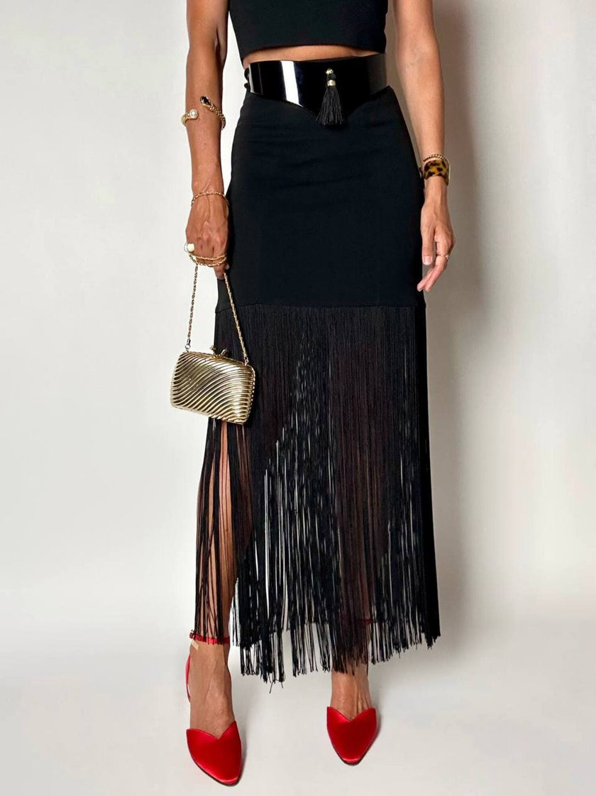 Gonna a tubino vintage Ivoire De Laurence Paris in jersey nero con frange lunghe