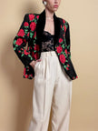 Blazer doppiopetto in tessuto moiré fantasia rose rosse
