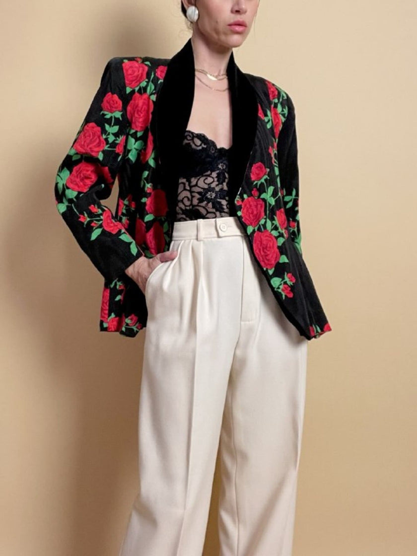 Blazer doppiopetto in tessuto moiré fantasia rose rosse