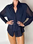 Camicia vintage Fendi Jeans blu navy con dettagli in crepe chiffon e bottoni in madreperla