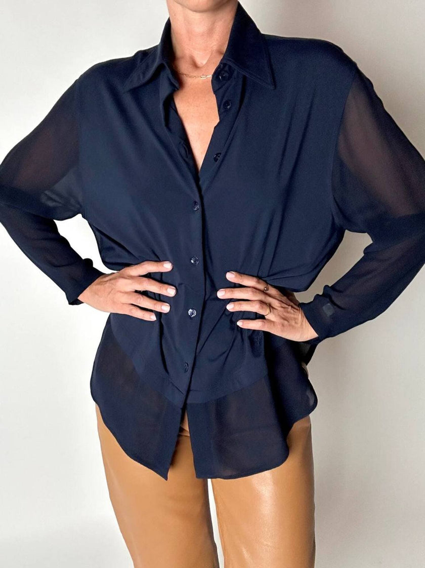Camicia vintage Fendi Jeans blu navy con dettagli in crepe chiffon e bottoni in madreperla