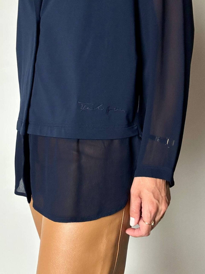 Camicia vintage Fendi Jeans blu navy con dettagli in crepe chiffon e bottoni in madreperla