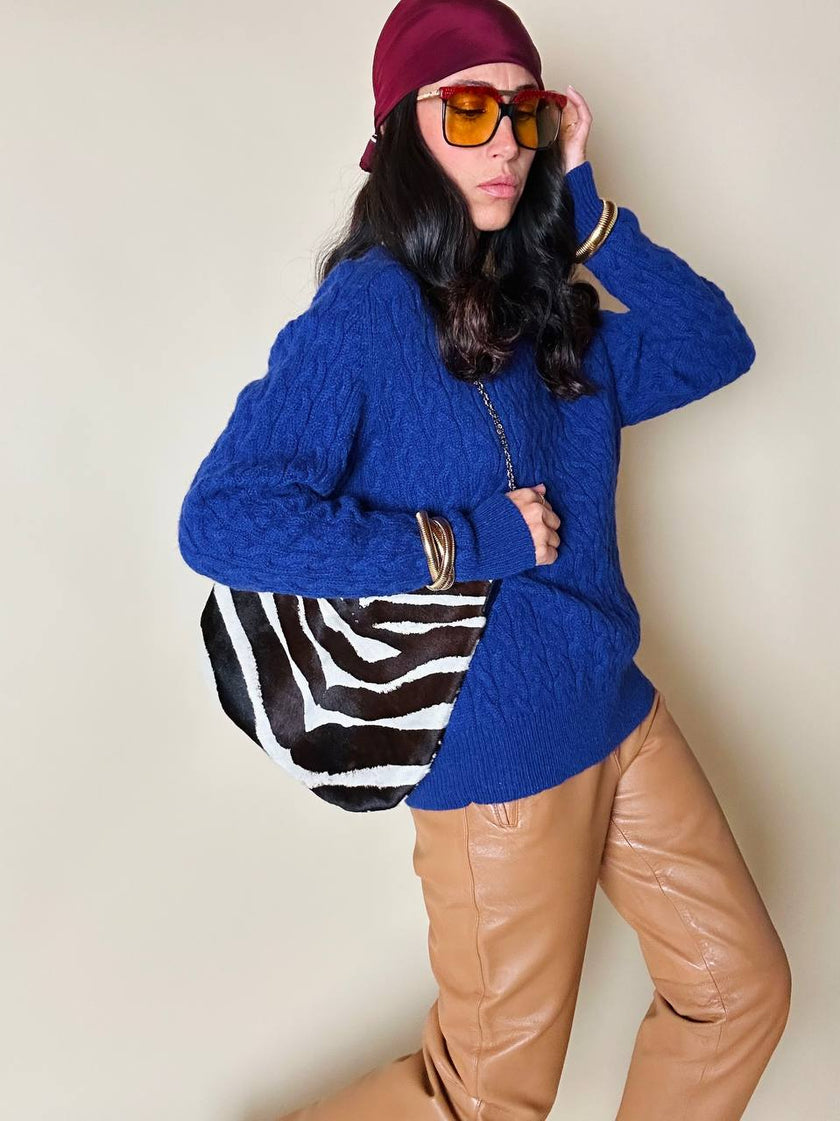 Maglione a trecce girocollo blu Cloisonne Alba Fornari
