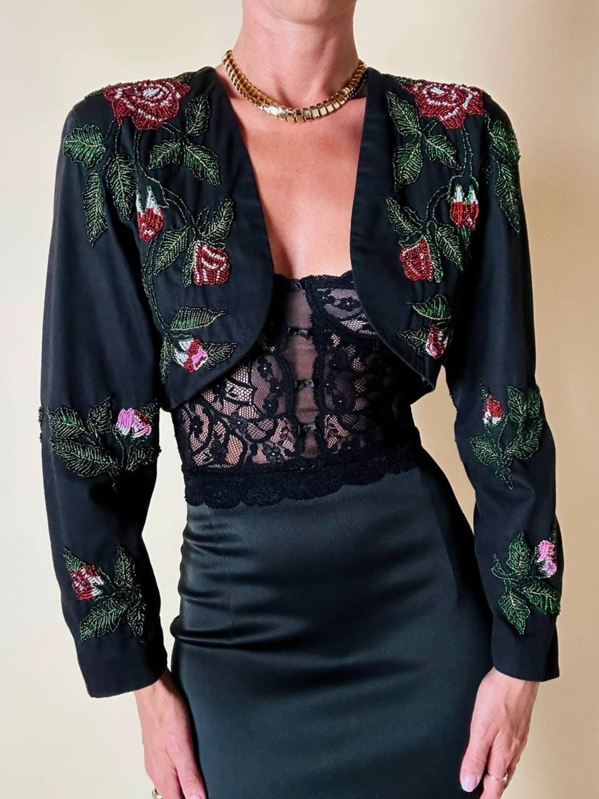 Bolero sartoriale in cotone nero con rose rosse ricamate in perline