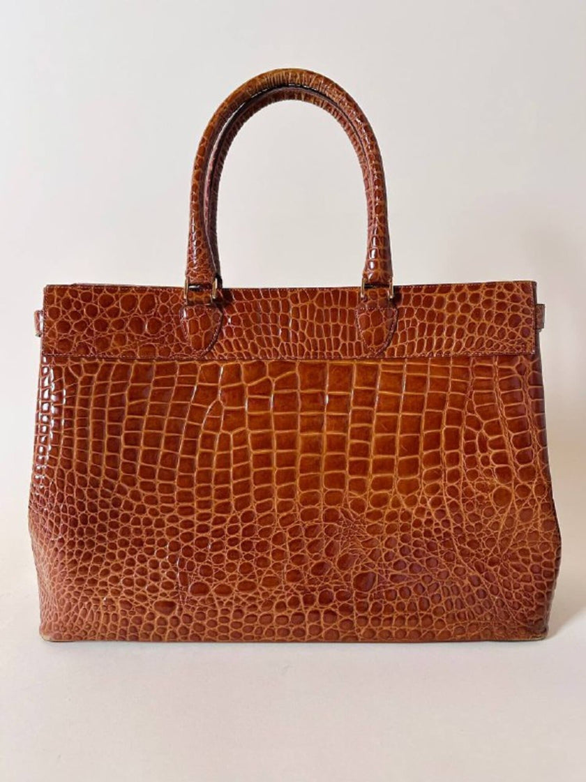 Maxi borsa in pelle stampa coccodrillo color cuoio