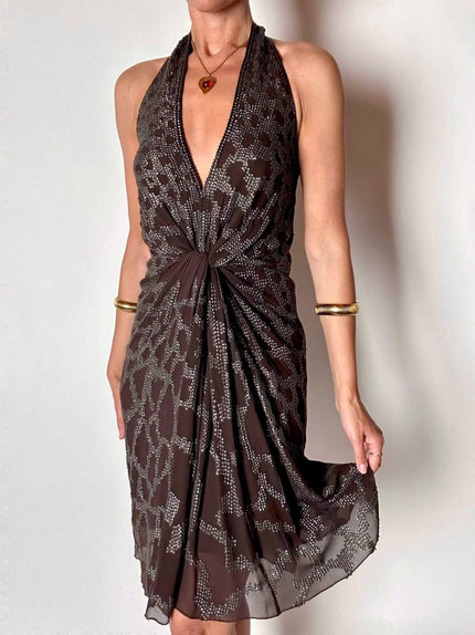Abito vintage Roberto Cavalli in crêpe di seta marrone con ricamo in paillettes bronzo