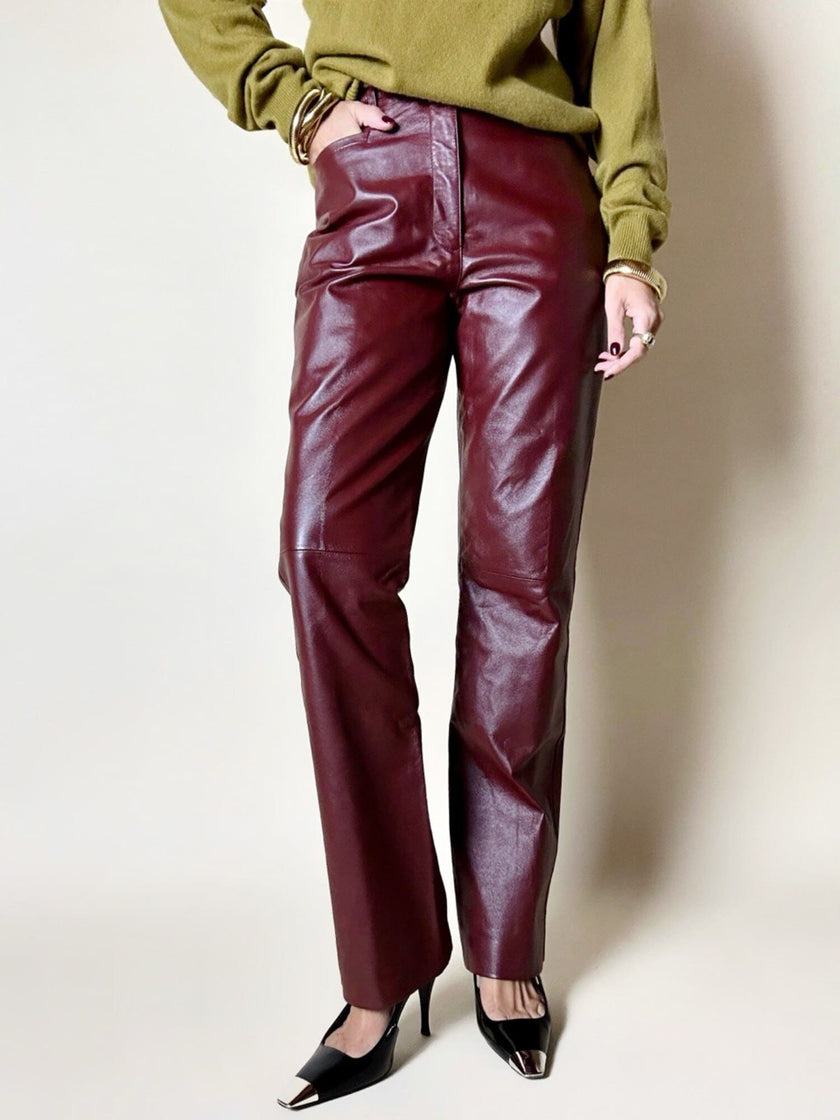 Pantalone a gamba dritta in pelle bordeaux In Extenso