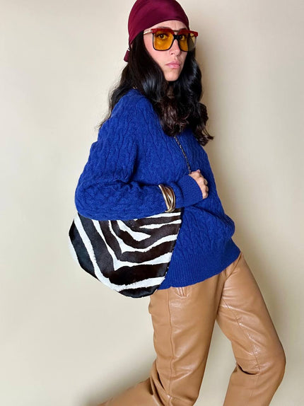 Maglione a trecce girocollo blu Cloisonne Alba Fornari