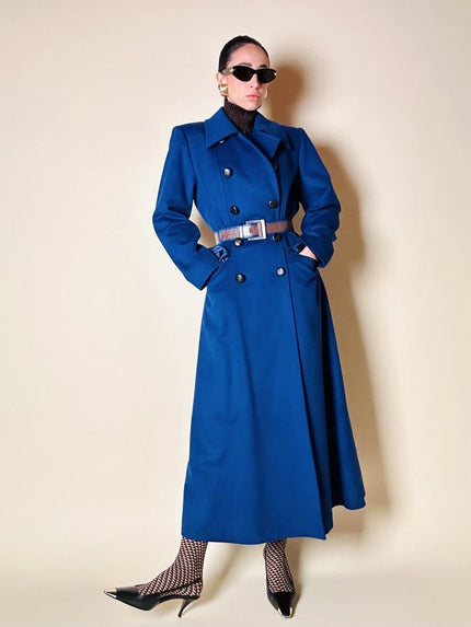 Maxi cappotto in lana color blu petrolio 