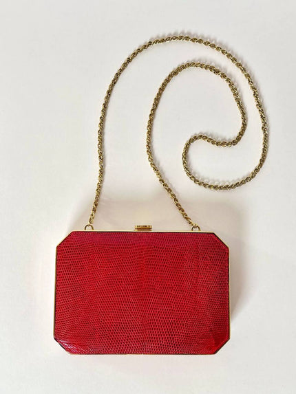 Borsa vintage Sgargi forma ottagonale in lizard rossa con tracolla in catena