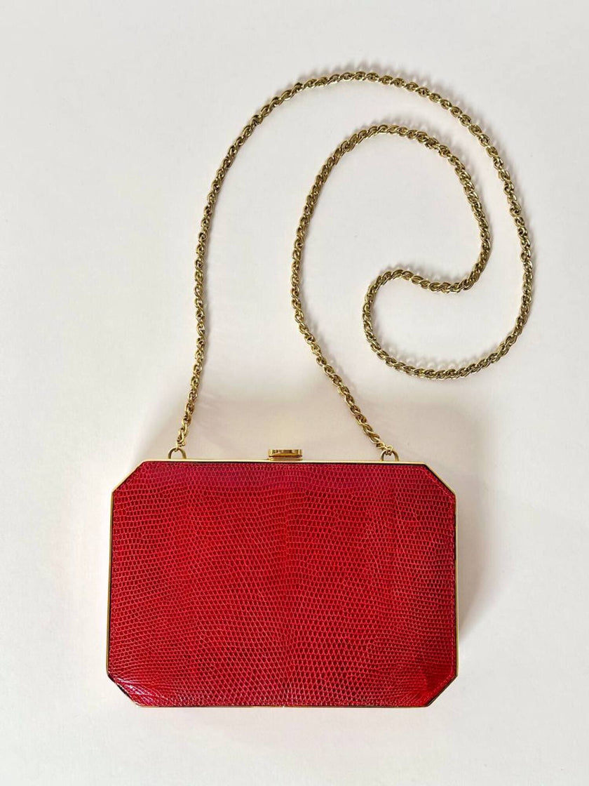 Borsa vintage Sgargi forma ottagonale in lizard rossa con tracolla in catena