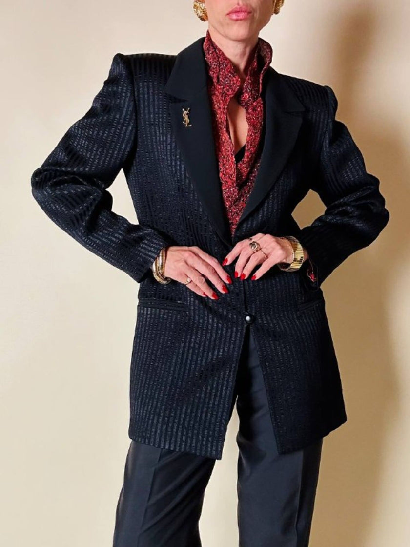 Blazer nero a righe in tessuto lucido “State off Claude Montana”