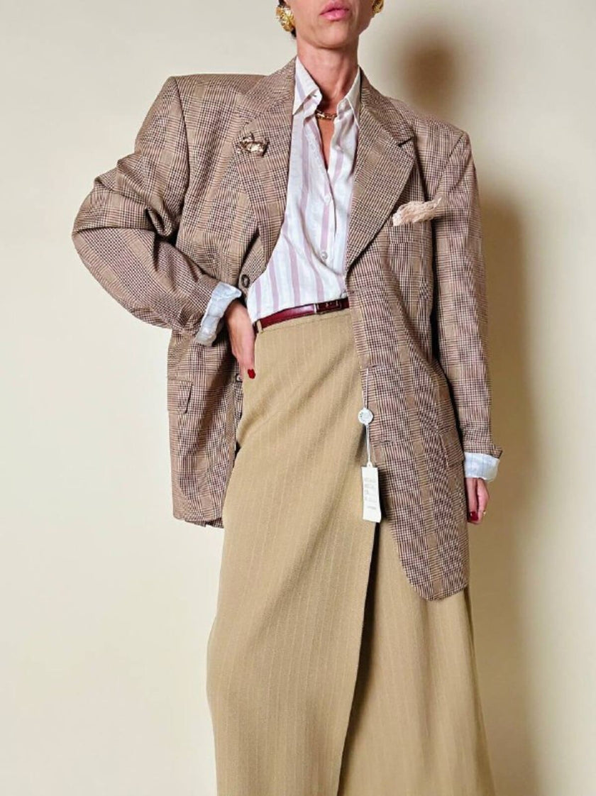 Blazer oversize in fresco di lana principe di Galles beige e marrone Vincam