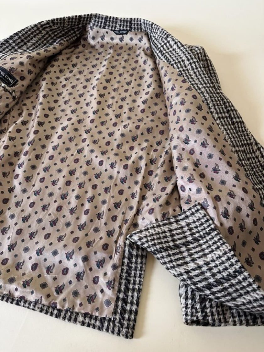 Blazer oversize in lana check beige e marrone con fodera fantasia uccellini