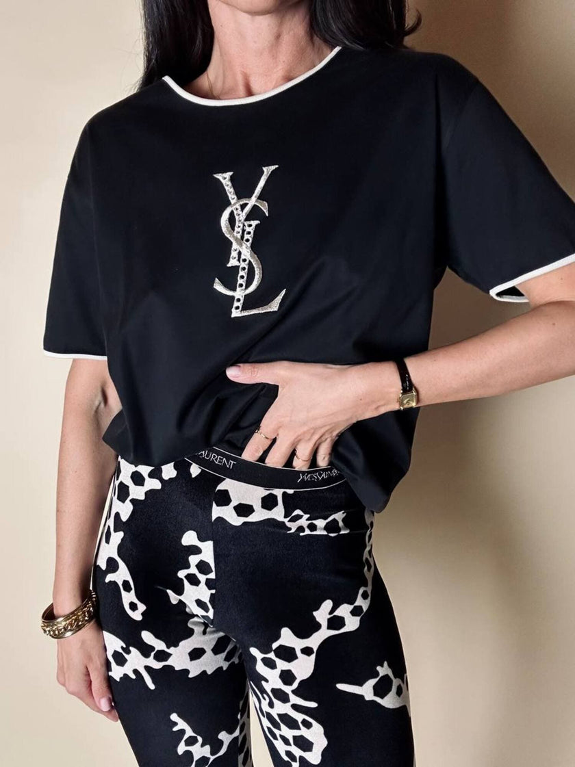 Leggings Yves Saint Laurent in ciniglia stretch fantasia astratta bianca e nera