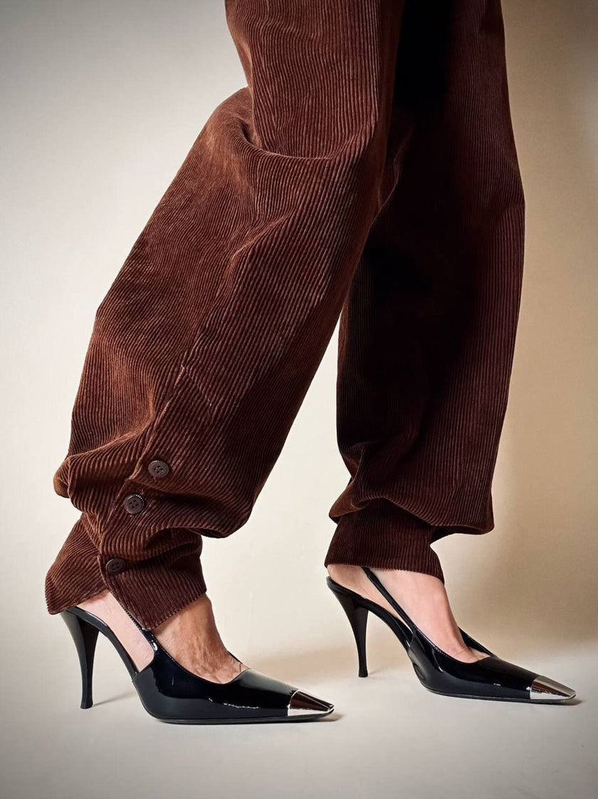 Combinaison vintage Complice en velours côtelé marron avec détails en cuir