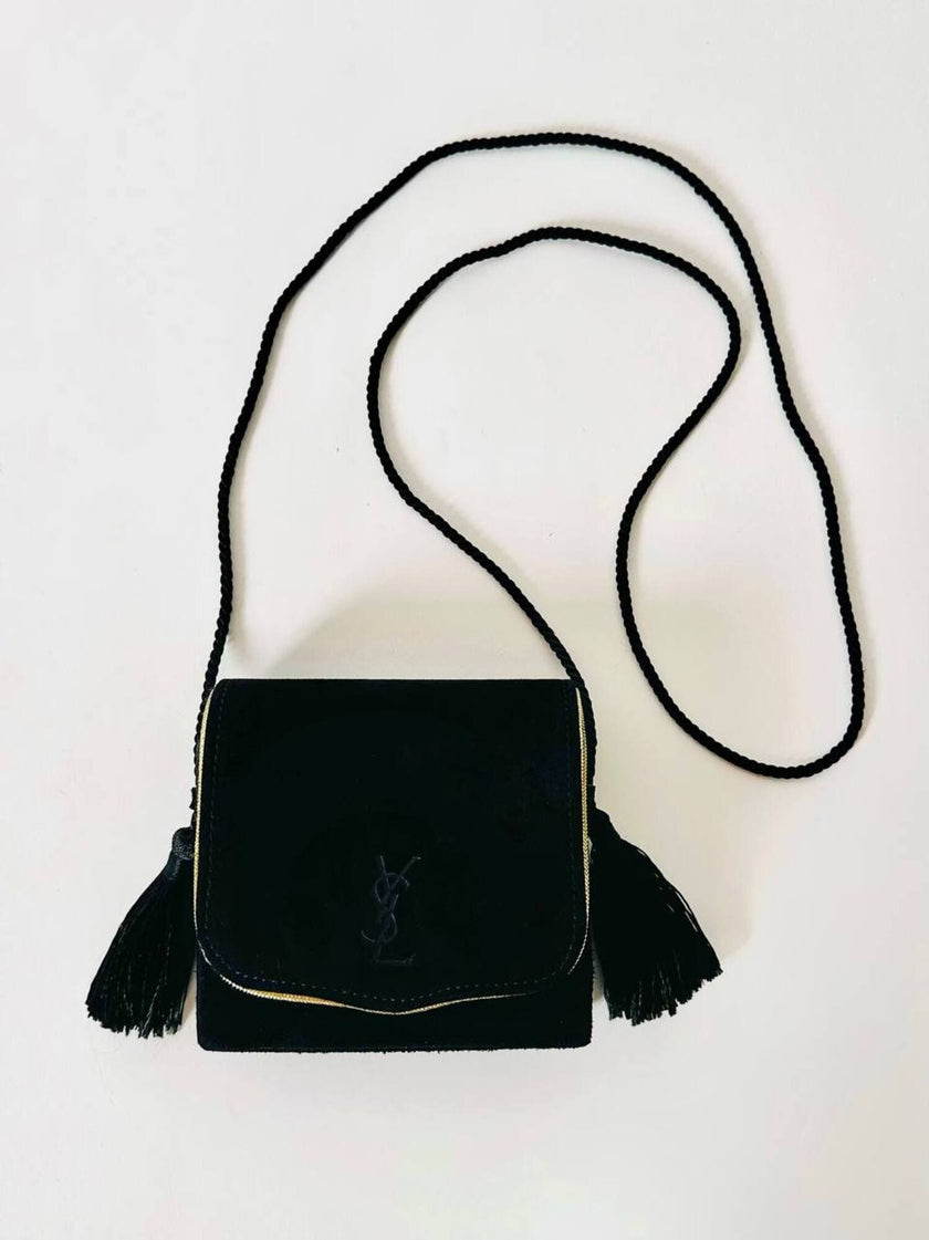 Pochette Beauté vintage Yves Saint Laurent in camoscio nero con nappine e specchio
