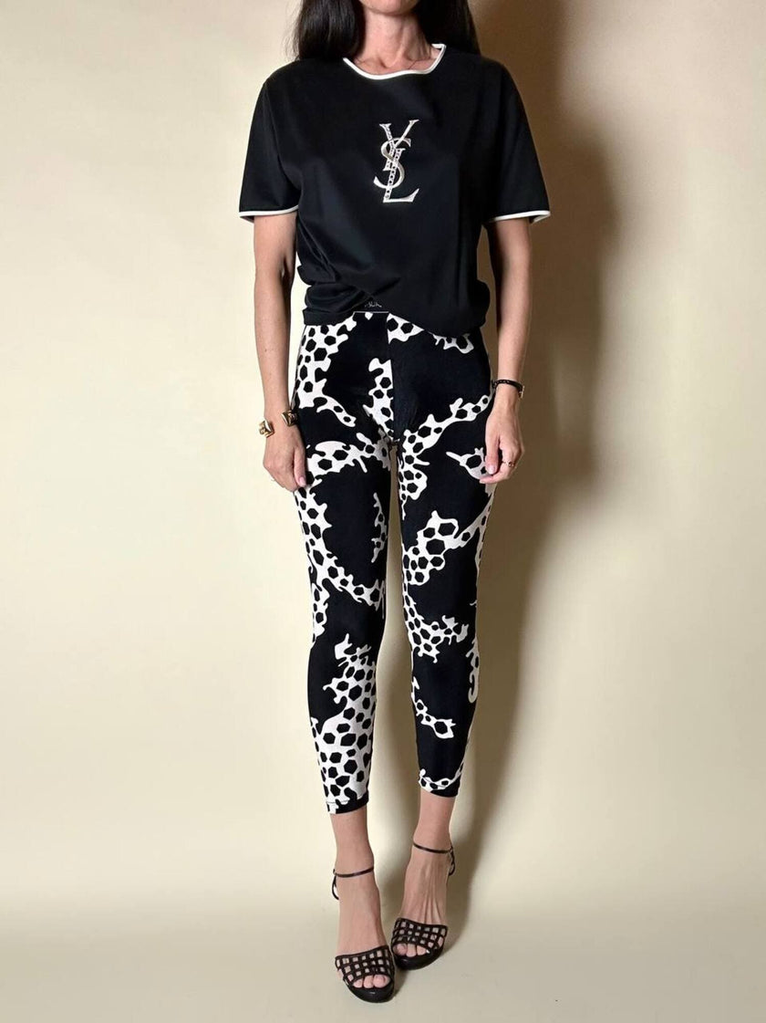 Leggings Yves Saint Laurent in ciniglia stretch fantasia astratta bianca e nera