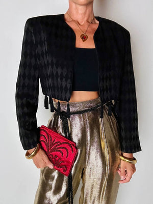 Spencer vintage Louis Féraud in tessuto jacquard nero operato a losanghe e nappine