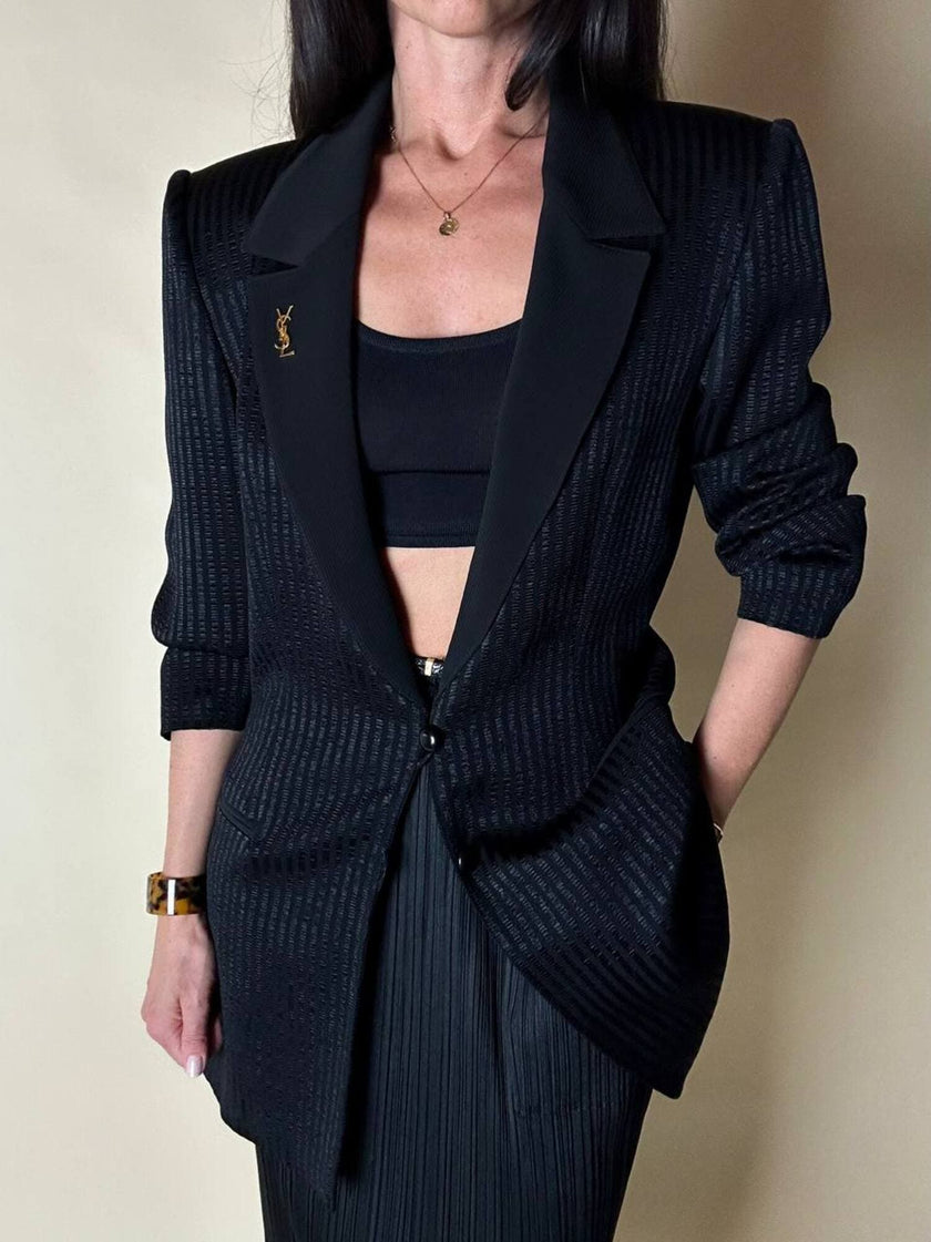 Blazer vintage State of Claude Montana in tessuto jacquard nero bacchettato