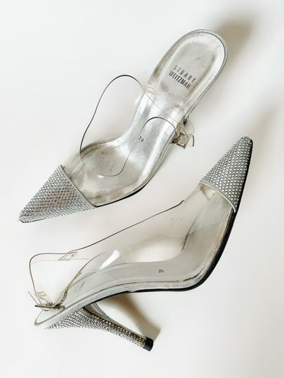 Slingback vintage a punta in plexi e strass argento Stuart Weitzman