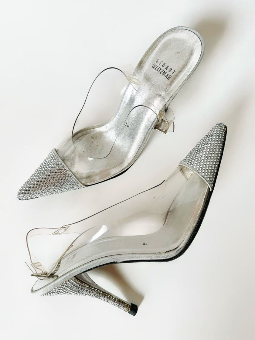 Slingback vintage a punta in plexi e strass argento Stuart Weitzman