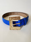 Cintura vintage Yves Saint Laurent in pelle bluette con fibbia gioiello dorata