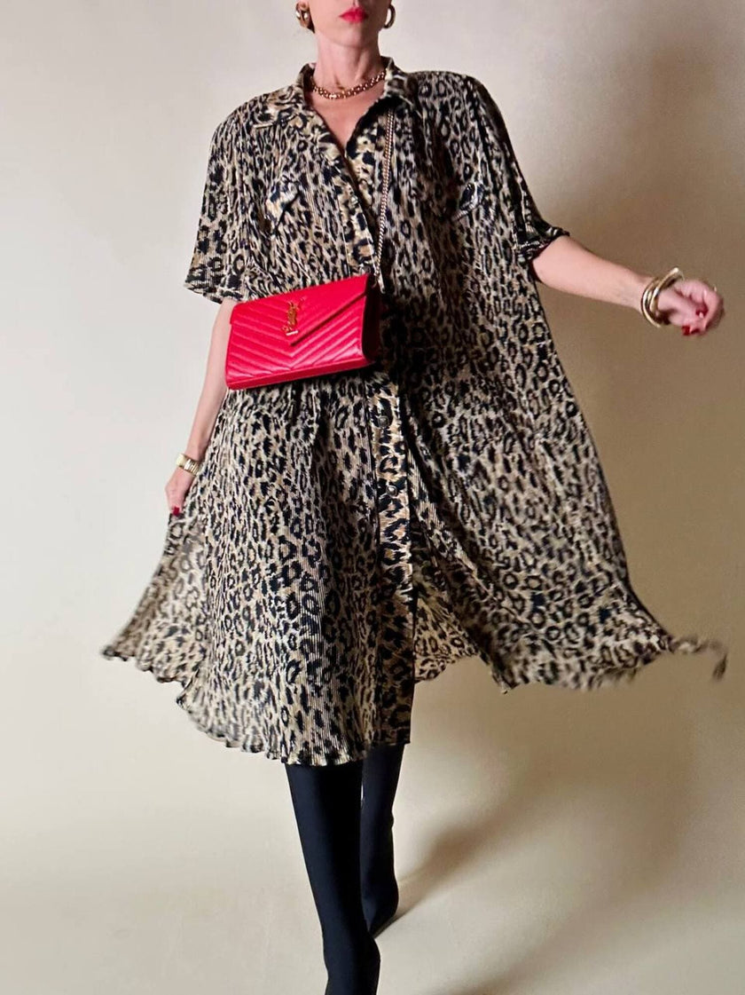 Chemisier vintage leopardato in tessuto micro plissé Henriette