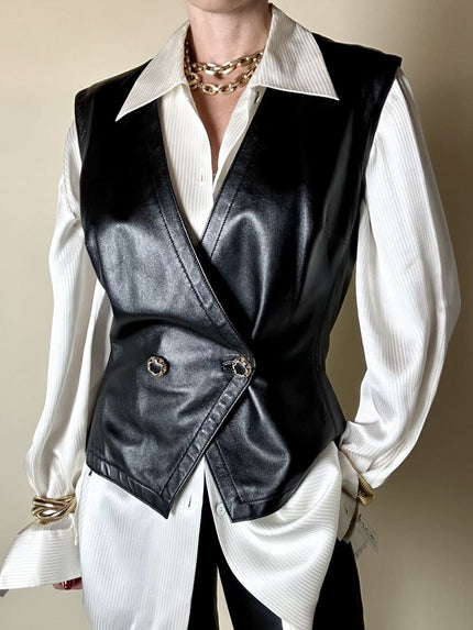 Gilet vintage in pelle nera modello doppiopetto con bottoni gioiello e fodera fantasia cachemire