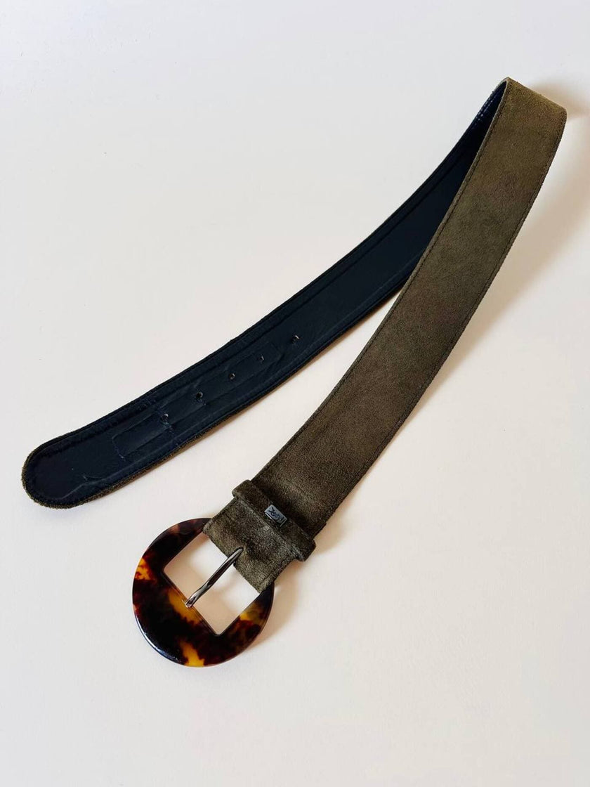 Cintura Yves Saint Laurent in camoscio verde militare con maxi fibbia rotonda effetto tartaruga