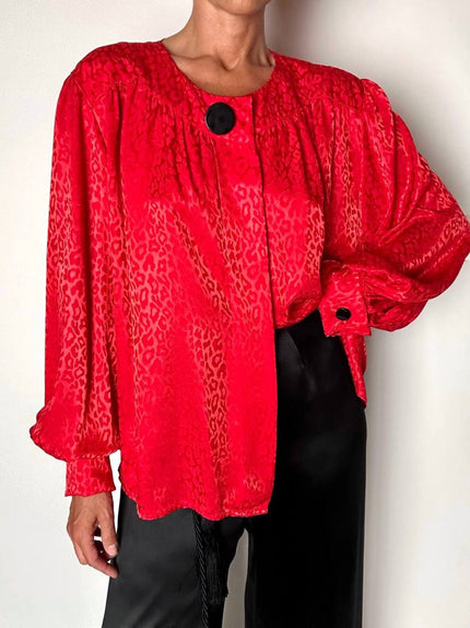 Camicia vintage Yves Saint Laurent in raso jaquard rosso con bottoni neri