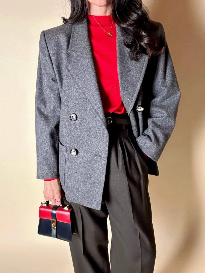 Blazer doppiopetto Yves Saint Laurent in panno di lana mélange grigio antracite