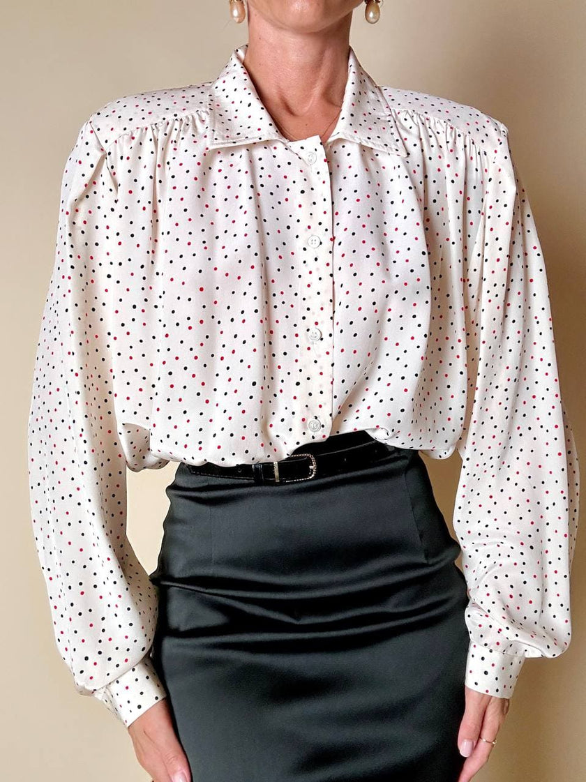 Camicia oversize in seta panna a pois rossi e neri “Corylady”